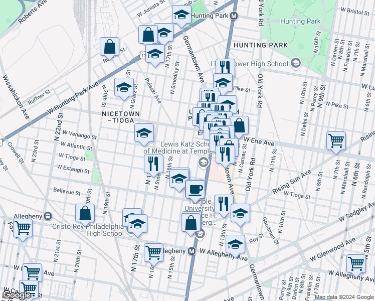 map of restaurants, bars, coffee shops, grocery stores, and more near 1447 West Venango Street in Philadelphia