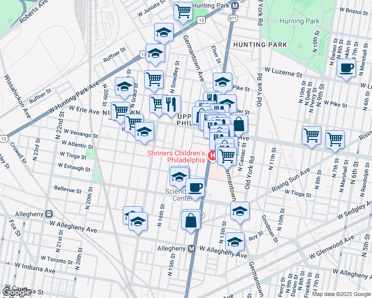 map of restaurants, bars, coffee shops, grocery stores, and more near 1511 West Venango Street in Philadelphia