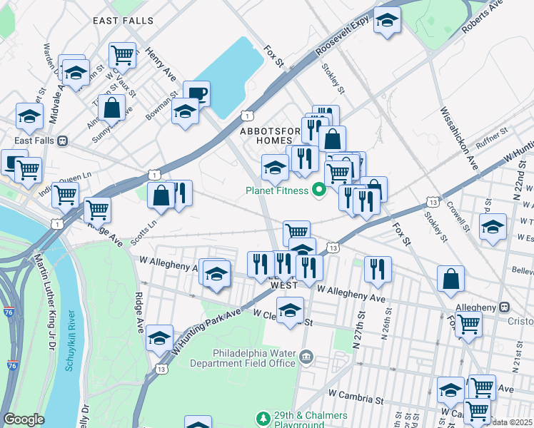 map of restaurants, bars, coffee shops, grocery stores, and more near 3101 Henry Avenue in Philadelphia