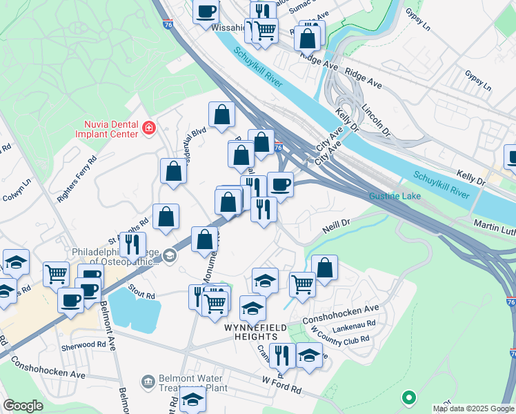 map of restaurants, bars, coffee shops, grocery stores, and more near 4000 City Avenue in Philadelphia