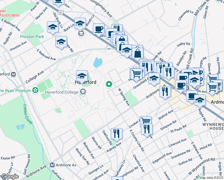 map of restaurants, bars, coffee shops, grocery stores, and more near 220 Holland Avenue in Ardmore