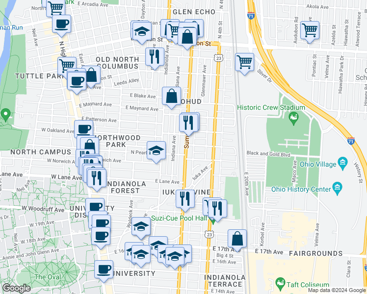 map of restaurants, bars, coffee shops, grocery stores, and more near 2181 Summit Street in Columbus