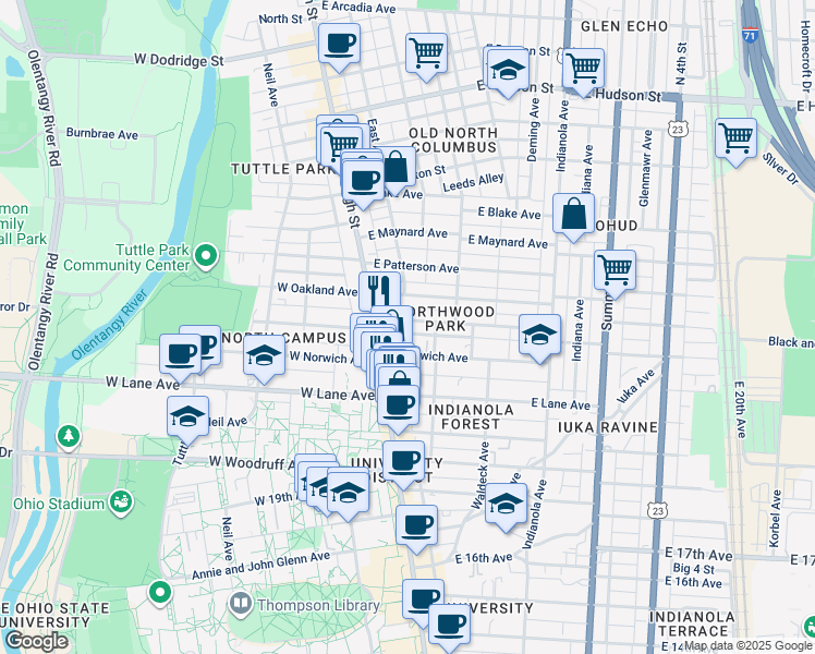 map of restaurants, bars, coffee shops, grocery stores, and more near 39 East Northwood Avenue in Columbus