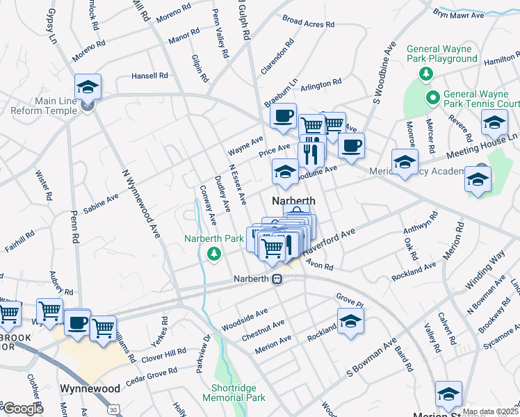 map of restaurants, bars, coffee shops, grocery stores, and more near 224 Forrest Avenue in Narberth