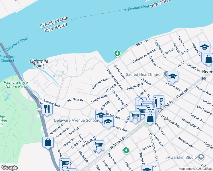 map of restaurants, bars, coffee shops, grocery stores, and more near 106 Leconey Circle in Palmyra