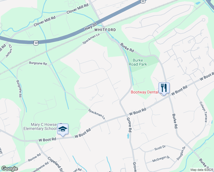 map of restaurants, bars, coffee shops, grocery stores, and more near 1440 Grove Avenue in West Chester