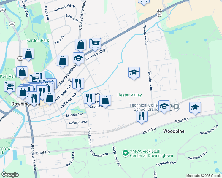 map of restaurants, bars, coffee shops, grocery stores, and more near 219 Karen Drive in Downingtown