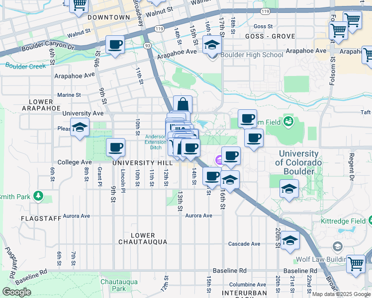 map of restaurants, bars, coffee shops, grocery stores, and more near 1135 Broadway in Boulder
