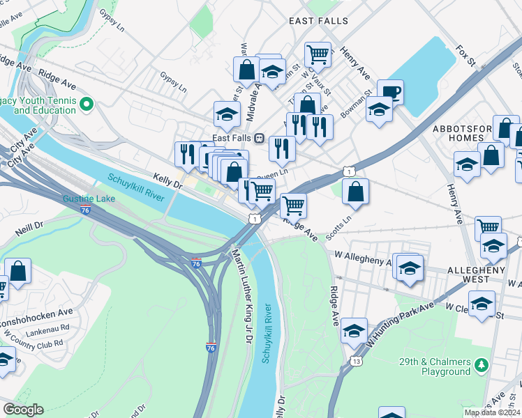 map of restaurants, bars, coffee shops, grocery stores, and more near 4135 Ridge Avenue in Philadelphia