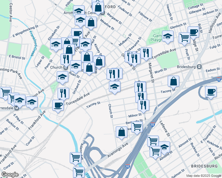 map of restaurants, bars, coffee shops, grocery stores, and more near 4323 Worth St in Philadelphia
