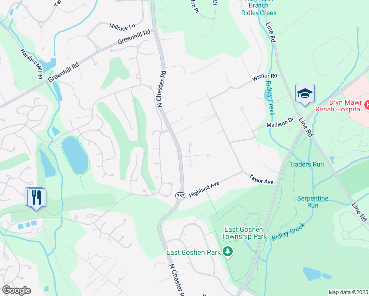 map of restaurants, bars, coffee shops, grocery stores, and more near 1108 Dickens Drive in West Chester