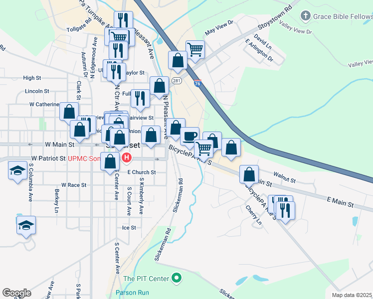 map of restaurants, bars, coffee shops, grocery stores, and more near 355 East Main Street in Somerset