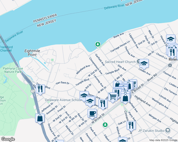 map of restaurants, bars, coffee shops, grocery stores, and more near 106 Leconey Circle in Palmyra
