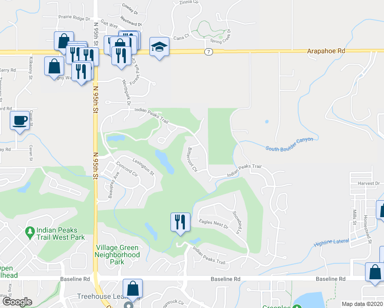 map of restaurants, bars, coffee shops, grocery stores, and more near 2439 Targhee Point in Lafayette