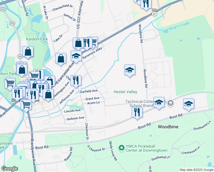 map of restaurants, bars, coffee shops, grocery stores, and more near 219 Karen Drive in Downingtown
