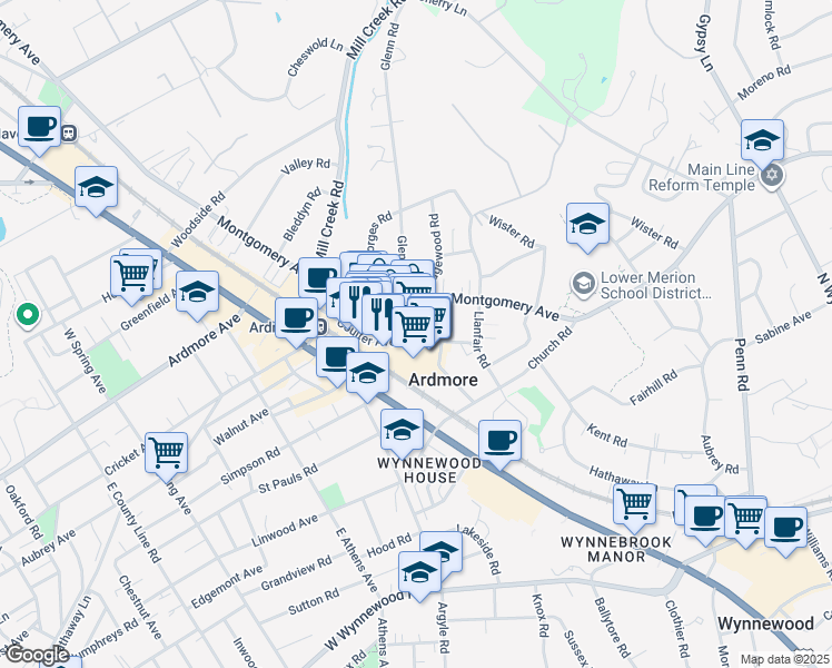 map of restaurants, bars, coffee shops, grocery stores, and more near 119 Coulter Avenue in Ardmore