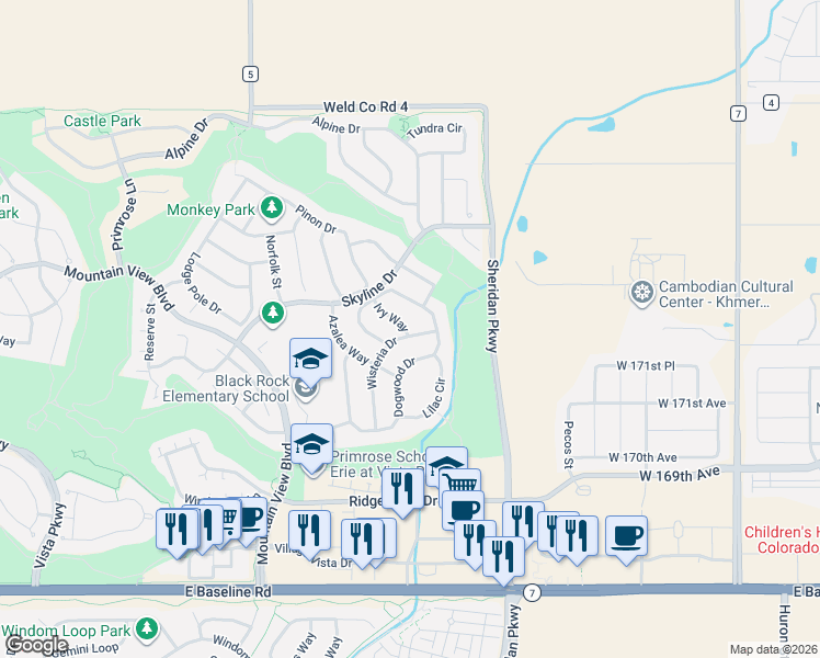 map of restaurants, bars, coffee shops, grocery stores, and more near 2459 Ivy Way in Erie