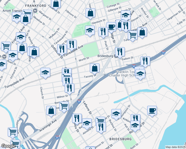 map of restaurants, bars, coffee shops, grocery stores, and more near 4800 Tacony Street in Philadelphia