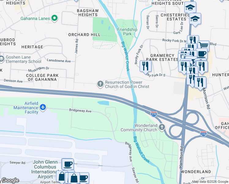 map of restaurants, bars, coffee shops, grocery stores, and more near 105 Price Road in Gahanna