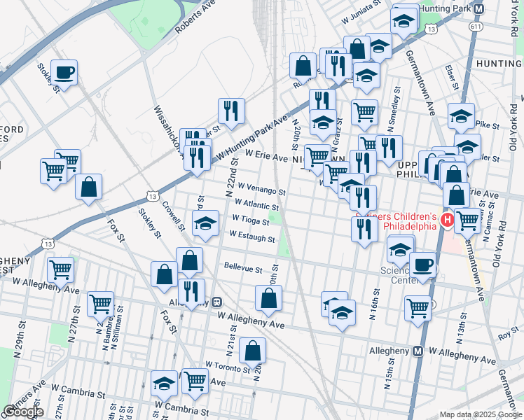 map of restaurants, bars, coffee shops, grocery stores, and more near 2034 West Atlantic Street in Philadelphia