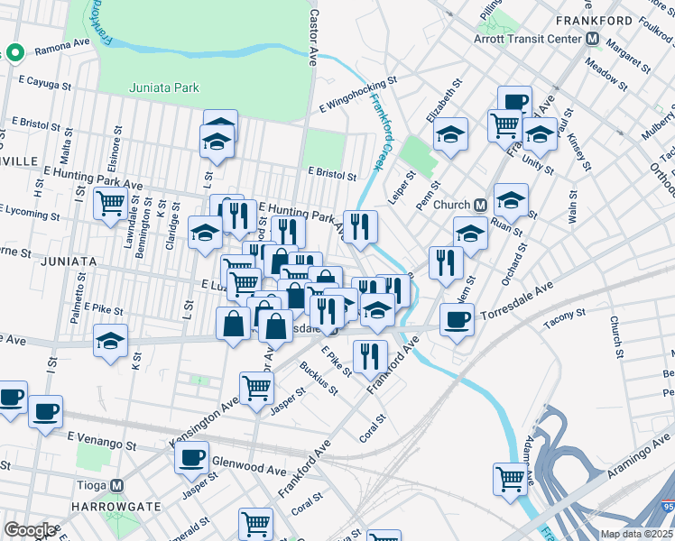 map of restaurants, bars, coffee shops, grocery stores, and more near 1618 East Lycoming Street in Philadelphia