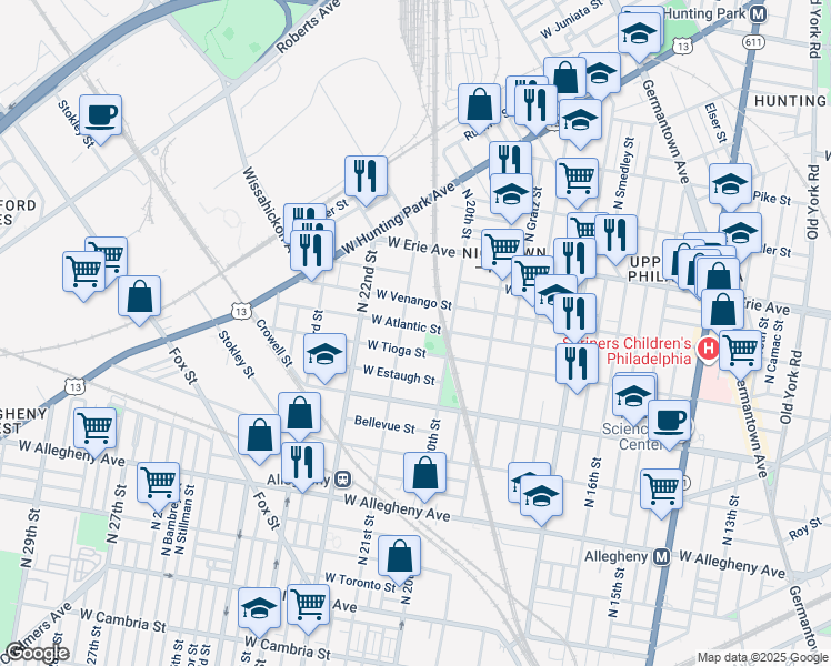 map of restaurants, bars, coffee shops, grocery stores, and more near 2034 West Atlantic Street in Philadelphia