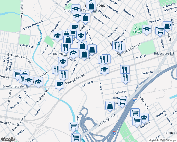 map of restaurants, bars, coffee shops, grocery stores, and more near 4270 Torresdale Avenue in Philadelphia