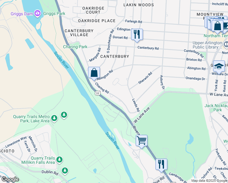 map of restaurants, bars, coffee shops, grocery stores, and more near 2642 Charing Road in Columbus