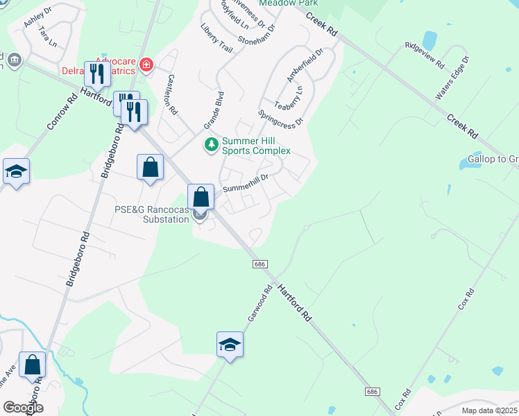 map of restaurants, bars, coffee shops, grocery stores, and more near 54 Snowberry Lane in Delran