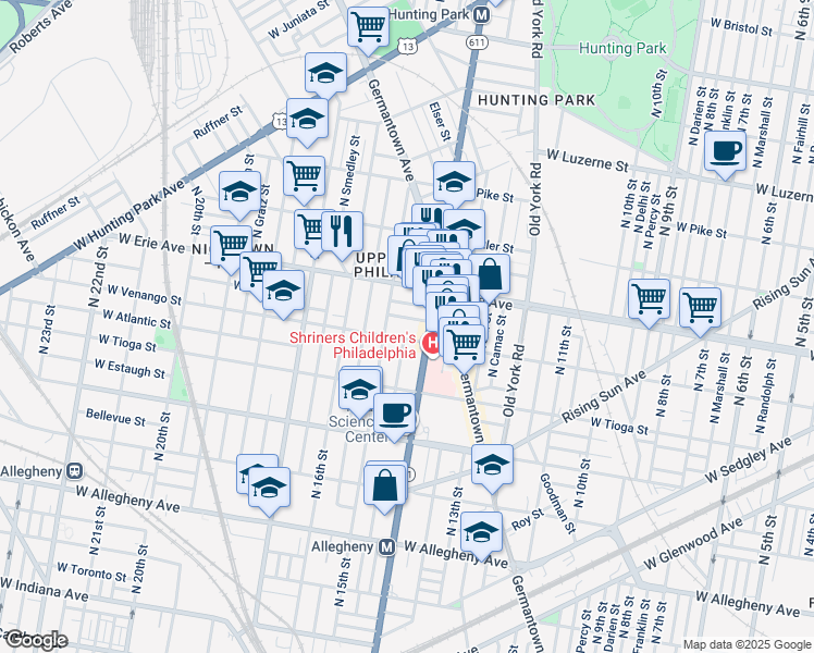 map of restaurants, bars, coffee shops, grocery stores, and more near 3615 North 15th Street in Philadelphia