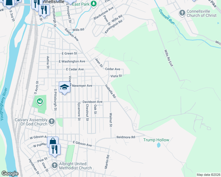 map of restaurants, bars, coffee shops, grocery stores, and more near 1025 Isabella Road in Connellsville