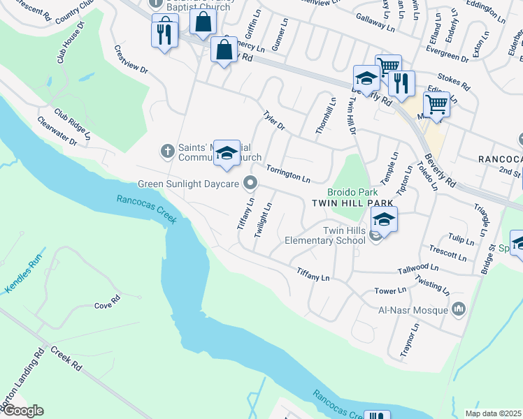map of restaurants, bars, coffee shops, grocery stores, and more near 36 Twilight Lane in Willingboro
