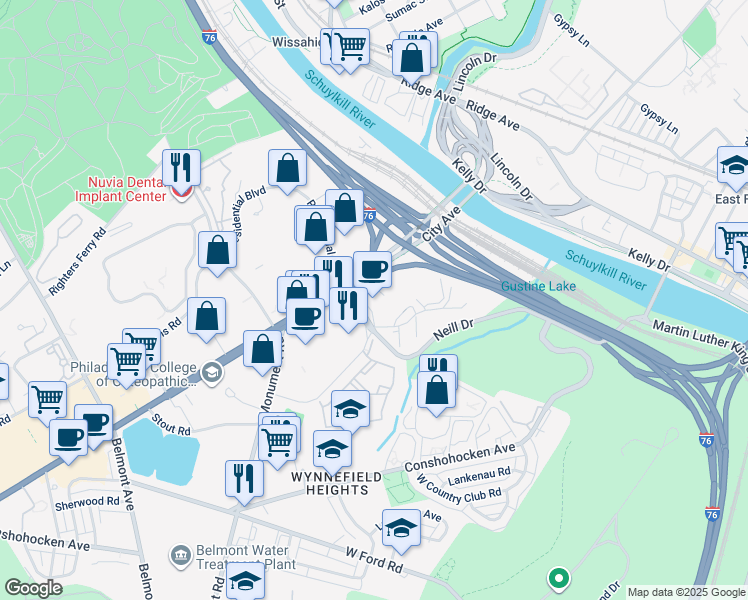 map of restaurants, bars, coffee shops, grocery stores, and more near 3900 City Avenue in Philadelphia