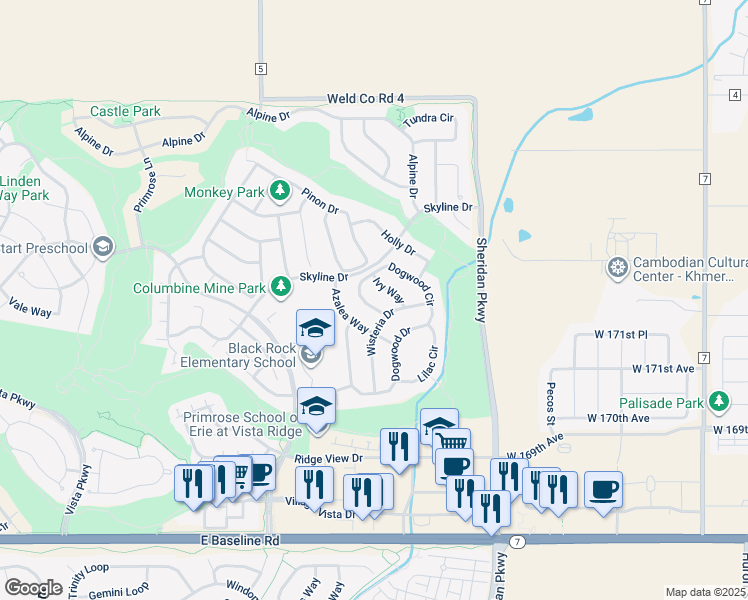 map of restaurants, bars, coffee shops, grocery stores, and more near 2278 Dogwood Circle in Erie