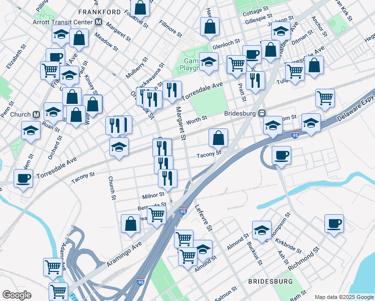 map of restaurants, bars, coffee shops, grocery stores, and more near 4701 James Street in Philadelphia