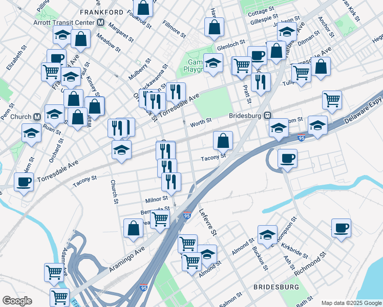 map of restaurants, bars, coffee shops, grocery stores, and more near 4701 James Street in Philadelphia