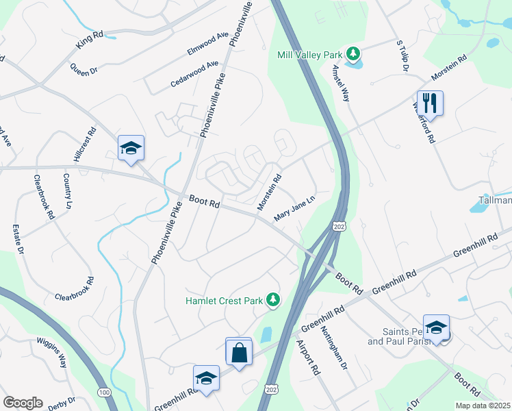 map of restaurants, bars, coffee shops, grocery stores, and more near 1203 Morstein Road in West Chester