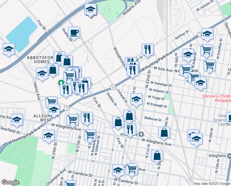 map of restaurants, bars, coffee shops, grocery stores, and more near 2450 West Hunting Park Avenue in Philadelphia