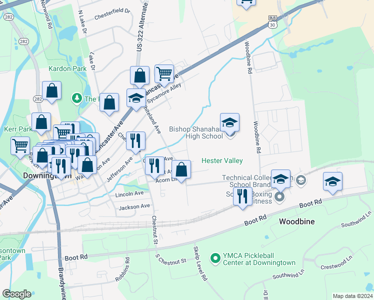map of restaurants, bars, coffee shops, grocery stores, and more near 607 Thomas Road in Downingtown