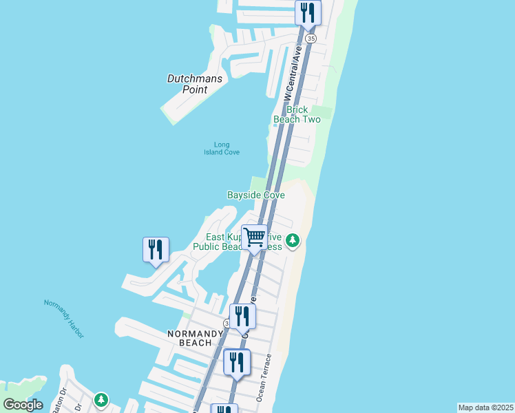 map of restaurants, bars, coffee shops, grocery stores, and more near 447 New Jersey 35 in Mantoloking