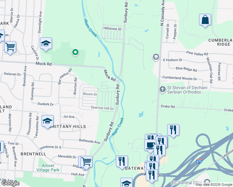 map of restaurants, bars, coffee shops, grocery stores, and more near 1855 Sunbury Road in Columbus
