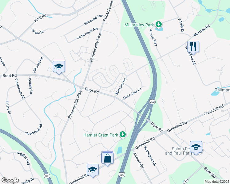 map of restaurants, bars, coffee shops, grocery stores, and more near 1203 Morstein Road in West Chester