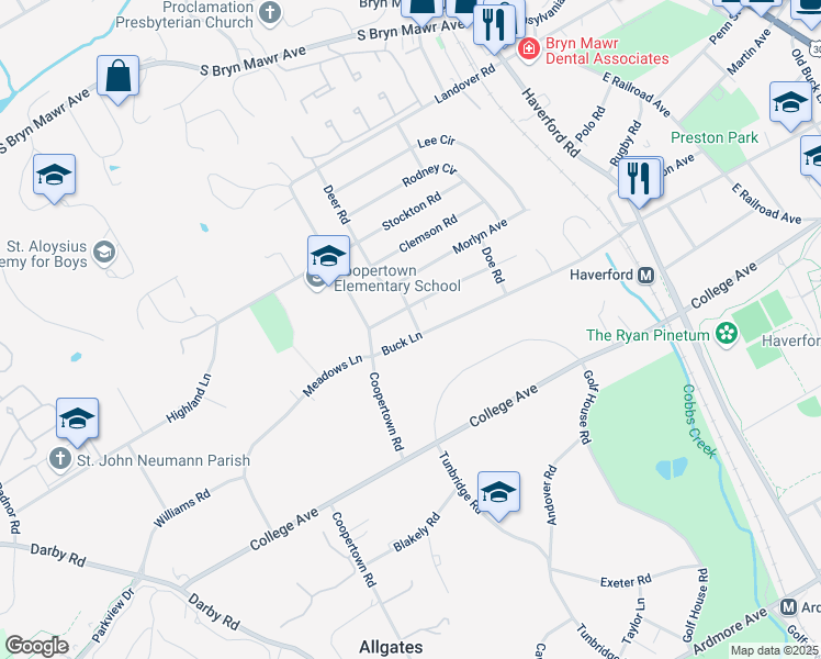 map of restaurants, bars, coffee shops, grocery stores, and more near 16 Buck Lane in Haverford