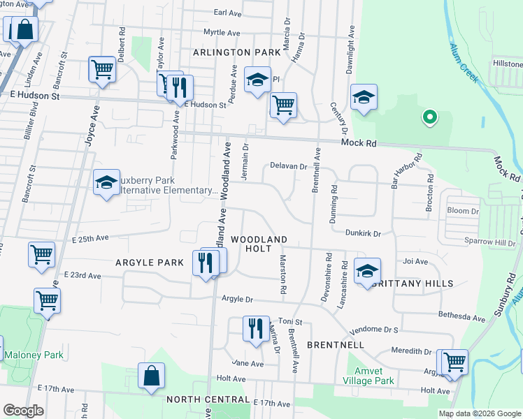 map of restaurants, bars, coffee shops, grocery stores, and more near 2156 Middlehurst Drive in Columbus