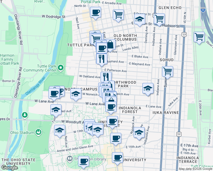map of restaurants, bars, coffee shops, grocery stores, and more near 5 East Northwood Avenue in Columbus
