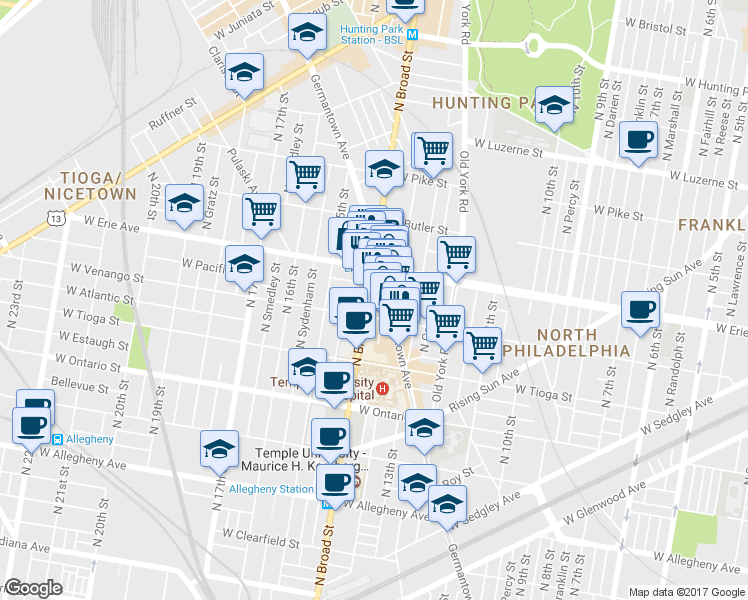 map of restaurants, bars, coffee shops, grocery stores, and more near 3619 North Broad Street in Philadelphia