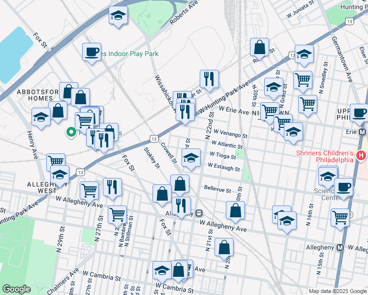 map of restaurants, bars, coffee shops, grocery stores, and more near 3452 North 23rd Street in Philadelphia