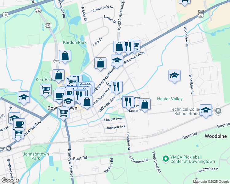 map of restaurants, bars, coffee shops, grocery stores, and more near 381 Jefferson Avenue in Downingtown