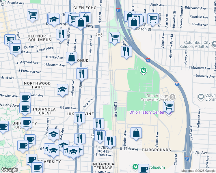 map of restaurants, bars, coffee shops, grocery stores, and more near 492 Alden Avenue in Columbus