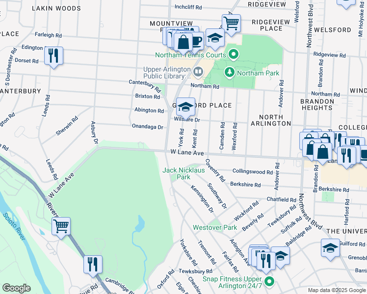 map of restaurants, bars, coffee shops, grocery stores, and more near 2170 West Lane Avenue in Columbus